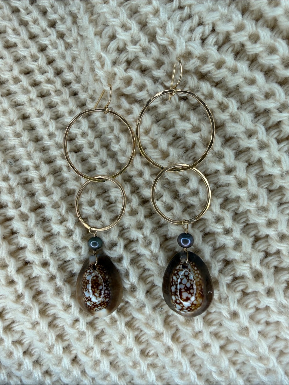 14K Gold Hoop Shell Drop Earrings - Picture 4 of 7